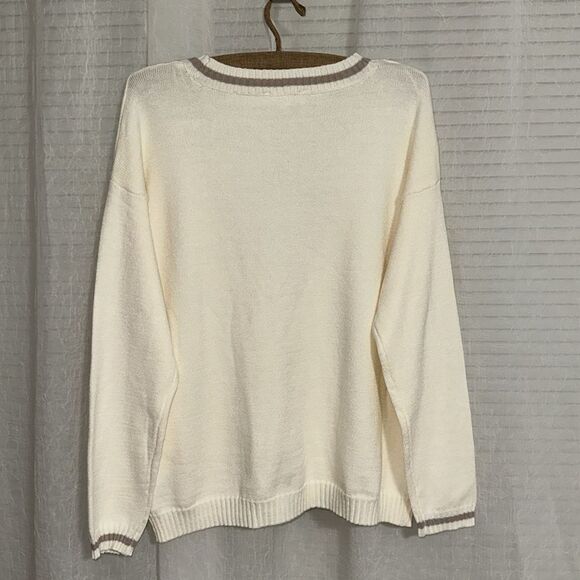 Pink Republic M Ivory Tan Stripe Trim Knit Button V-Neck Cardigan with Pockets - Picture 7 of 16